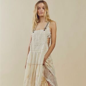 Free People Trails End Lace Crochet Vintage Overalls Maxi Dress Skirtall size XL